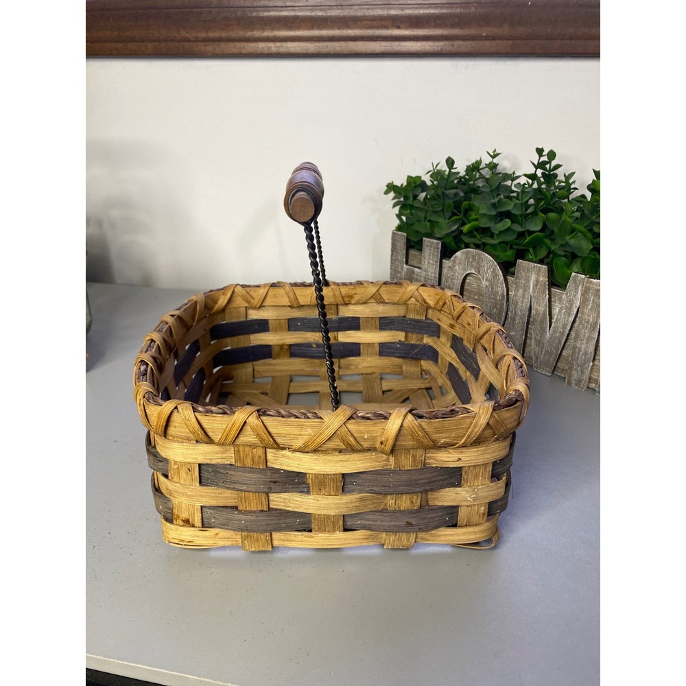 Woven Square Basket Wooden Handle‎ Rustic Farmhouse Home Decor Storage - Picture 2 of 7